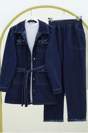 Taş Detaylı Ceket Pantolon Kot Takım  -Laci