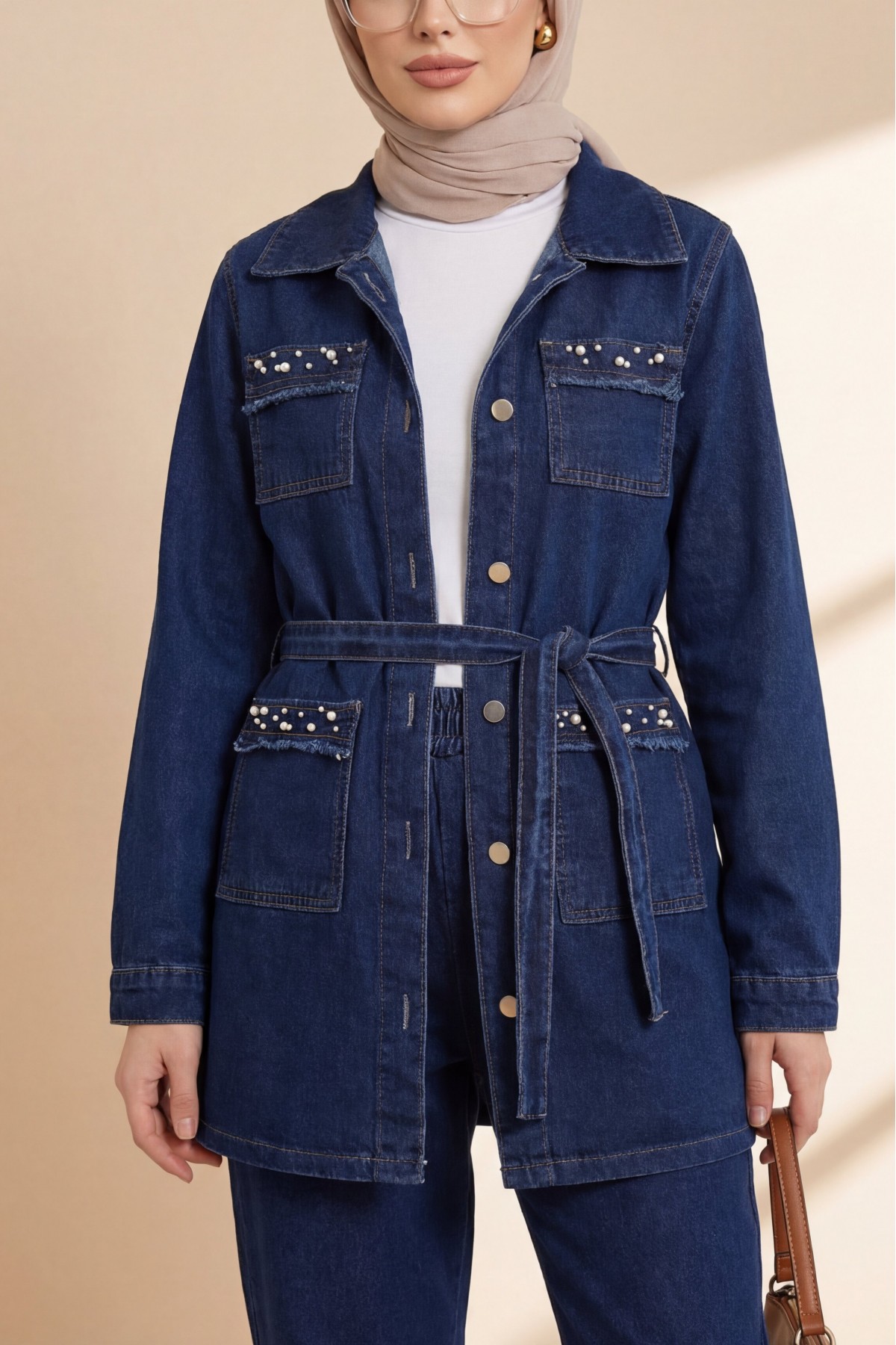 Stone Detailed Jacket Trousers Denim Set  -Navy blue