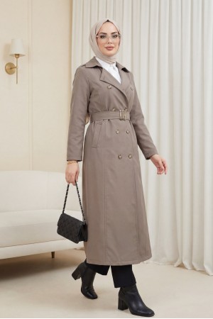 Çift Düğmeli Kemerli Trençkot  -Taş