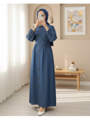 Denim Dress with Elastic Sleeves and Buttons on the Neck and Double Pockets -Blue