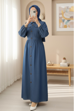 Denim Dress with Elastic Sleeves and Buttons on the Neck and Double Pockets -Blue