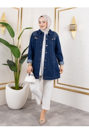Taş İşlemeli Yıkamalı Kot Ceket   -Laci