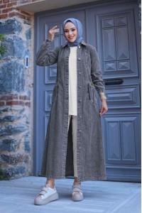 Torba Cepli Metal Düğmeli Uzun Kot Kap   -Füme