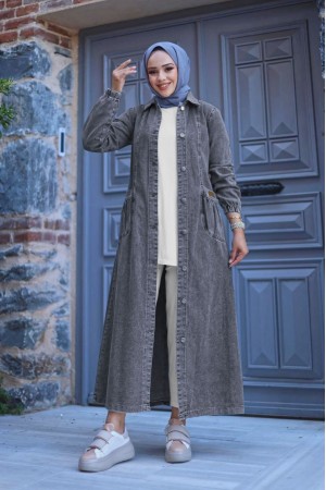 Torba Cepli Metal Düğmeli Uzun Kot Kap   -Füme