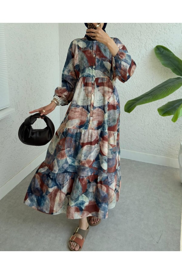 Half Buttoned Elastic Sleeve Batik Patterned Dress -Brick color