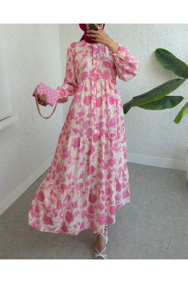 Half Buttoned Elastic Sleeve Patterned Dress -Pink