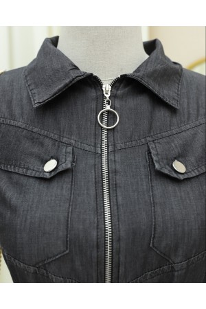 فستان جينز بجيوب نصف سحاب مع رباط نفقي -أنثراسايت