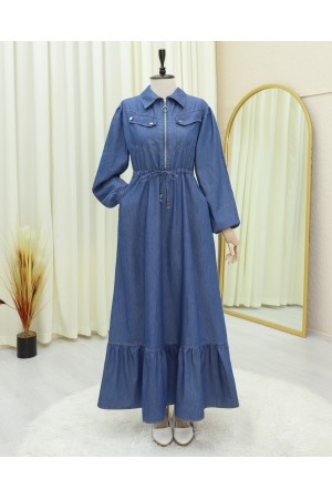 فستان جينز بجيوب نصف سحاب مع رباط نفقي -اللون النيلي