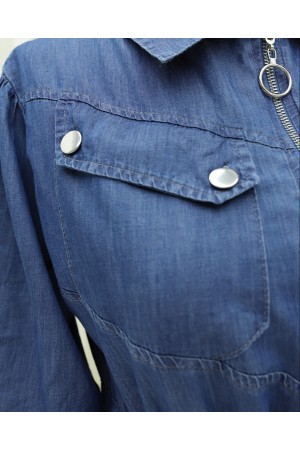 فستان جينز بجيوب نصف سحاب مع رباط نفقي -اللون النيلي