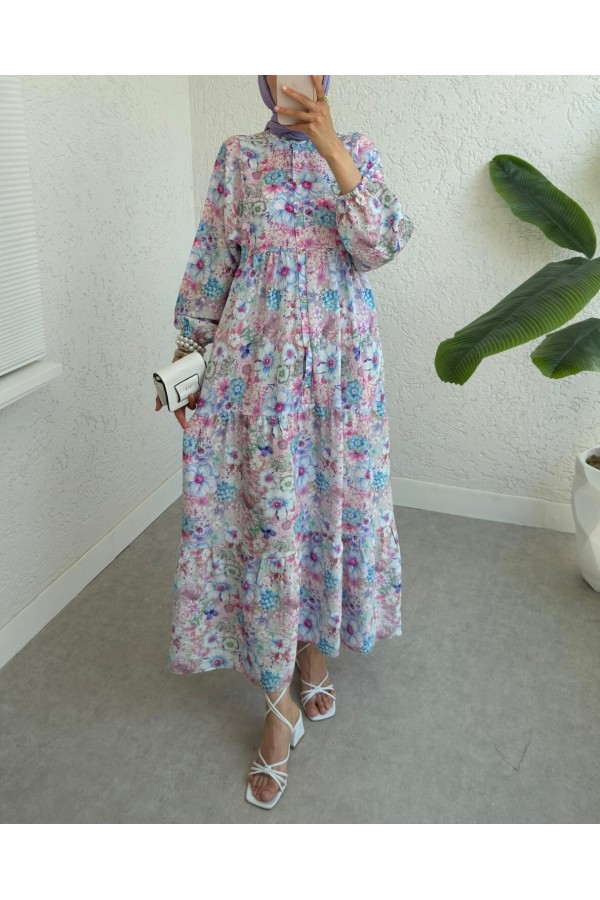 Half Buttoned Elastic Sleeve Floral Printed Dress  -Powder