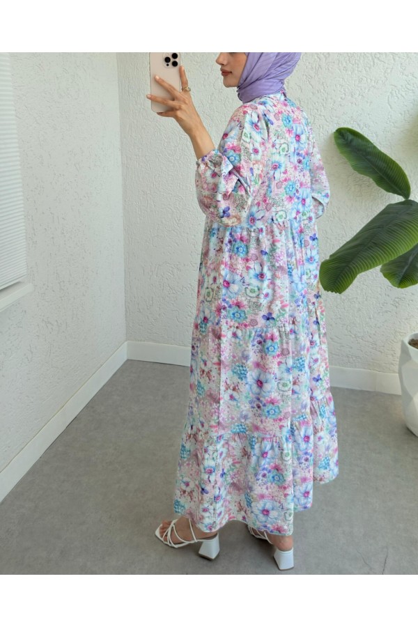 Half Buttoned Elastic Sleeve Floral Printed Dress  -Powder
