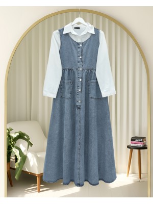 Half Buttoned Double Pocket Zero Sleeve Denim Vest -Ice Blue