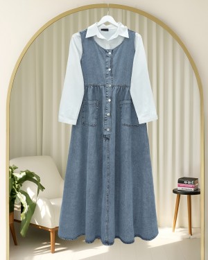 Yarım Düğmeli Çift Cepli Sıfır Kol Kot Jile -Buz Mavi