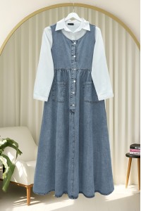 Yarım Düğmeli Çift Cepli Sıfır Kol Kot Jile -Buz Mavi