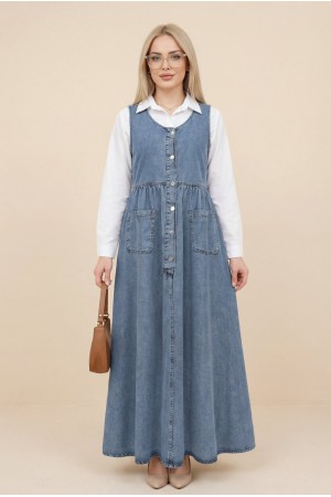 Yarım Düğmeli Çift Cepli Sıfır Kol Kot Jile -Buz Mavi