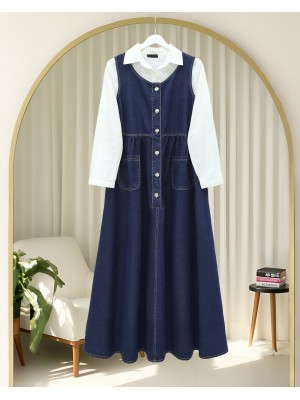 Half Buttoned Double Pocket Zero Sleeve Denim Vest -Navy blue