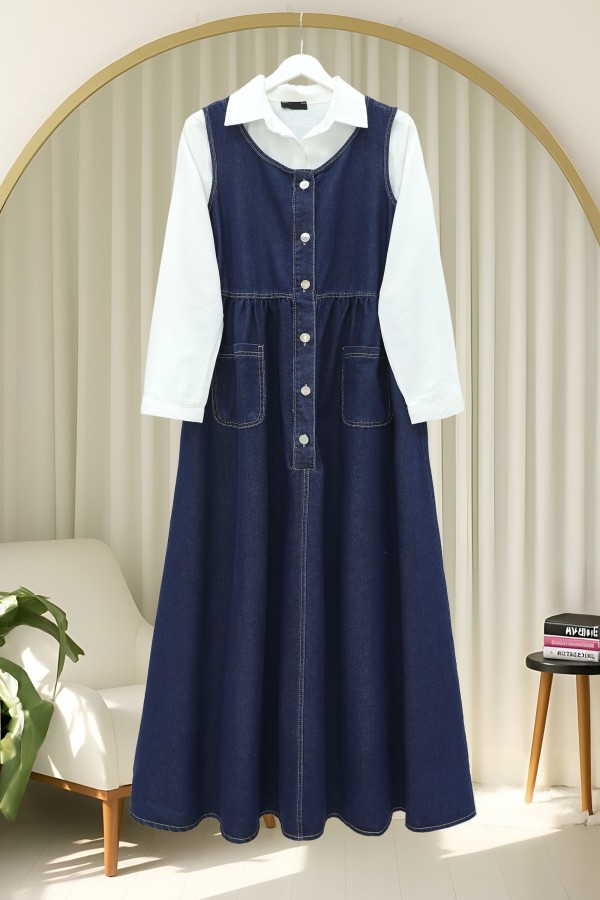 Half Buttoned Double Pocket Zero Sleeve Denim Vest -Navy blue
