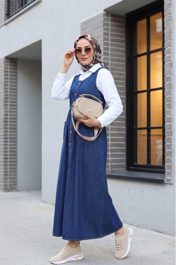Half Buttoned Double Pocket Zero Sleeve Denim Vest -Navy blue