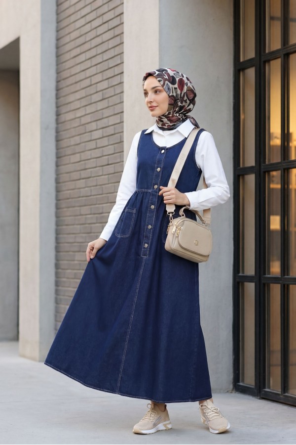 Half Buttoned Double Pocket Zero Sleeve Denim Vest -Navy blue