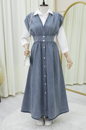 Boydan Düğmeli V Yaka Sıfır Kol Kot Jile -Buz Mavi