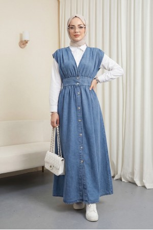 Boydan Düğmeli V Yaka Sıfır Kol Kot Jile -Buz Mavi