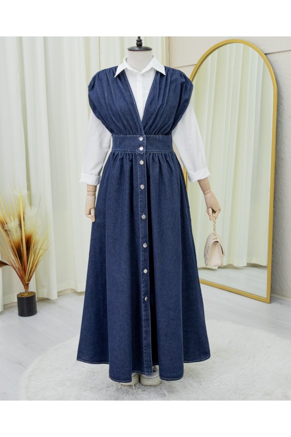 Buttoned V Neck Zero Sleeve Denim Vest -Navy blue