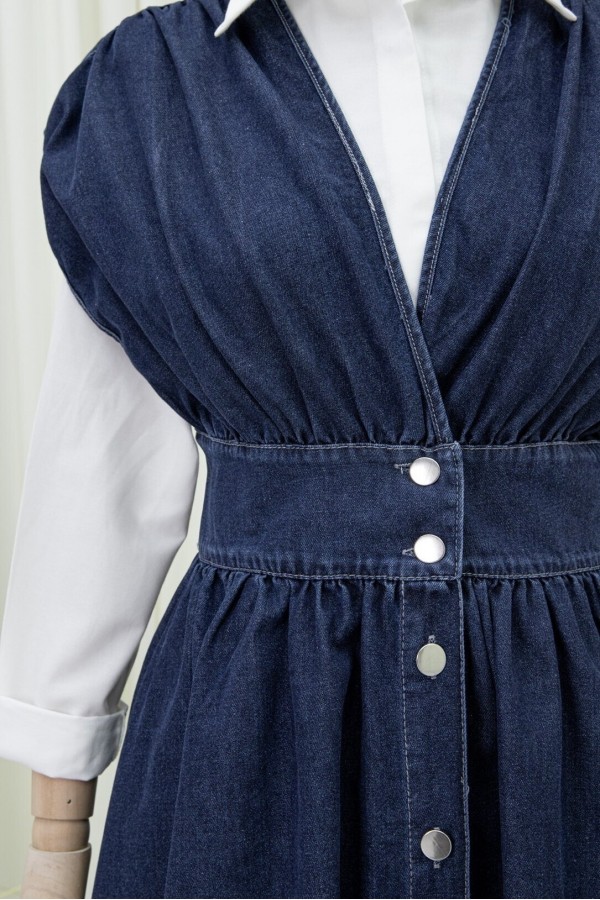 Buttoned V Neck Zero Sleeve Denim Vest -Navy blue