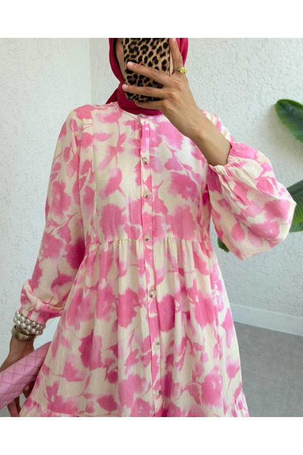 Half Buttoned Elastic Sleeve Patterned Dress  -Garnet Color