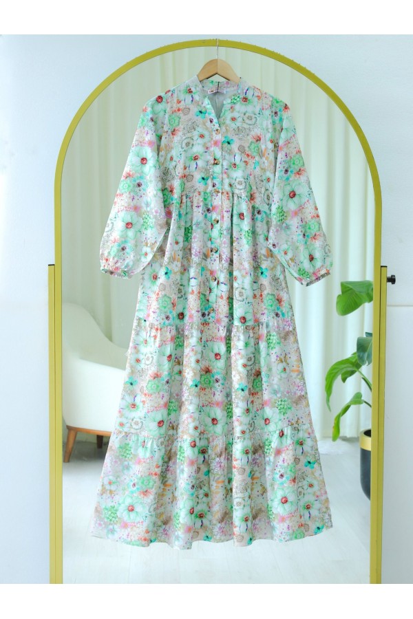 Half Buttoned Elastic Sleeve Floral Printed Dress   -Green