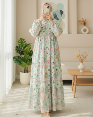 Yarım Düğmeli Kolu Lastikli Çiçek Baskılı Elbise   -Yeşil