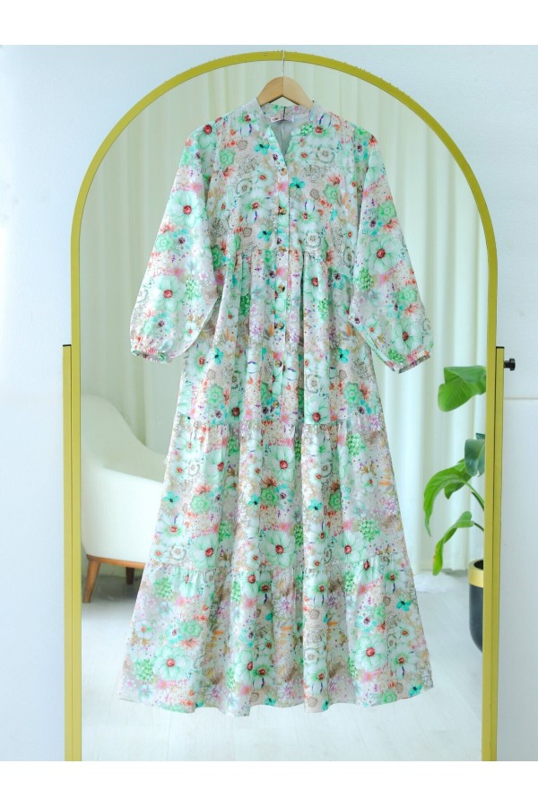 Half Buttoned Elastic Sleeve Floral Printed Dress   -Green