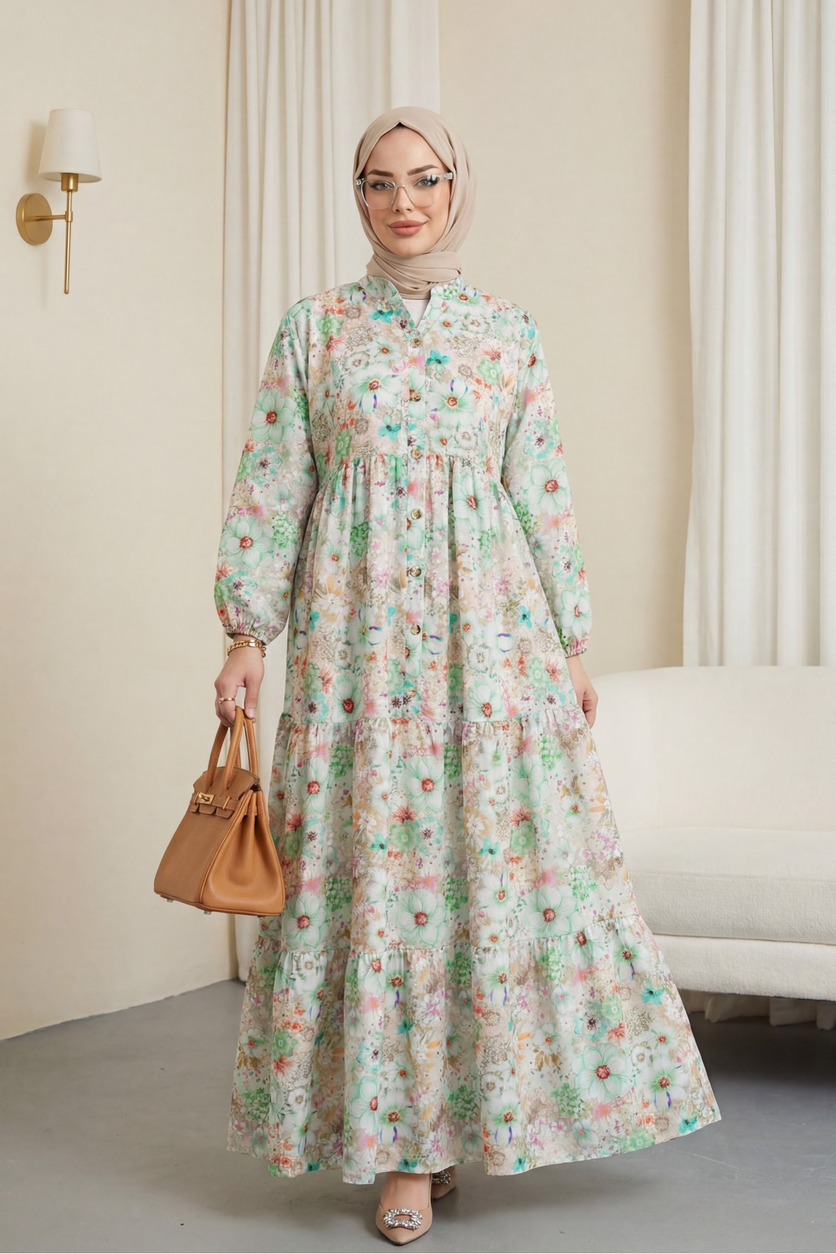 Half Buttoned Elastic Sleeve Floral Printed Dress   -Green