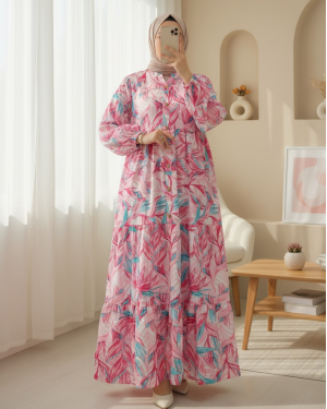 Floral Patterned Half Buttoned Dress with Elastic Sleeves -Damson