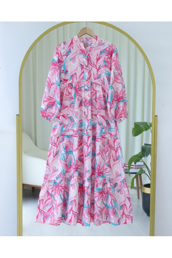 Floral Patterned Half Buttoned Dress with Elastic Sleeves -Damson