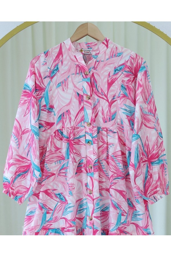 Floral Patterned Half Buttoned Dress with Elastic Sleeves -Damson