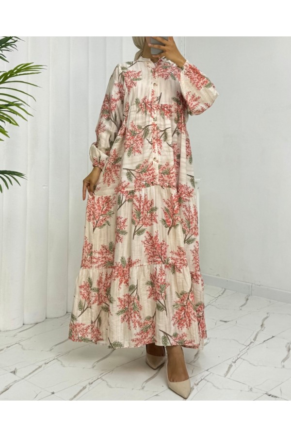 Half-Buttoned Patterned Modal Dress with Elastic Sleeves -Garnet Color
