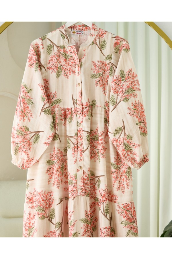 Half-Buttoned Patterned Modal Dress with Elastic Sleeves -Garnet Color
