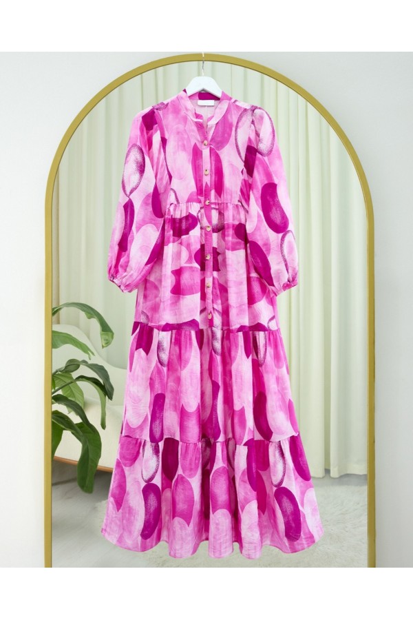 Circle Pattern Half Buttoned Elastic Sleeve Dress -Fuchsia