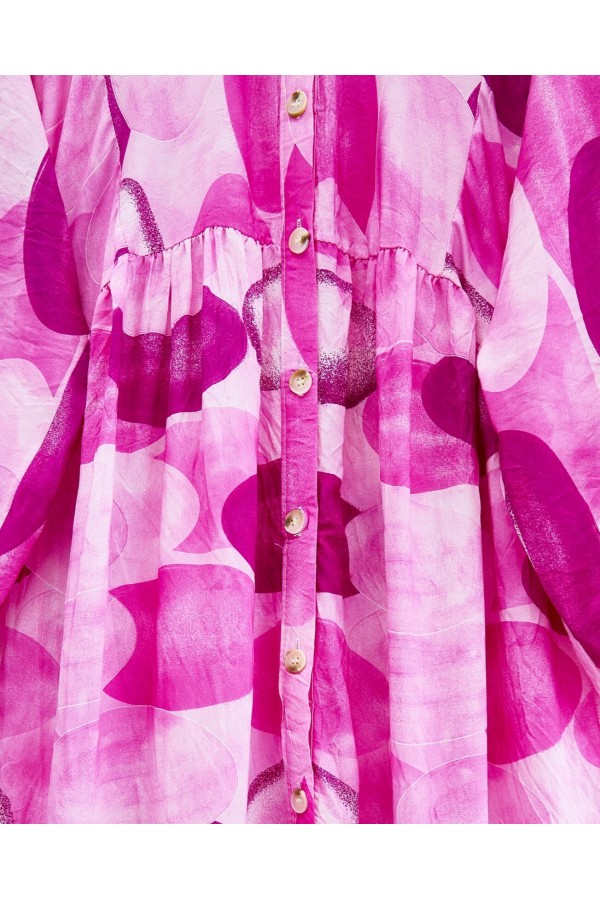 Circle Pattern Half Buttoned Elastic Sleeve Dress -Fuchsia