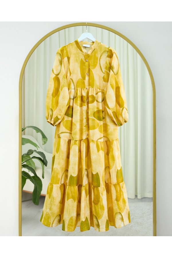 Circle Pattern Half Buttoned Elastic Sleeve Dress -Yellow