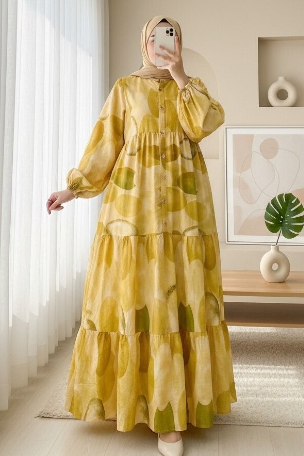 Circle Pattern Half Buttoned Elastic Sleeve Dress -Yellow
