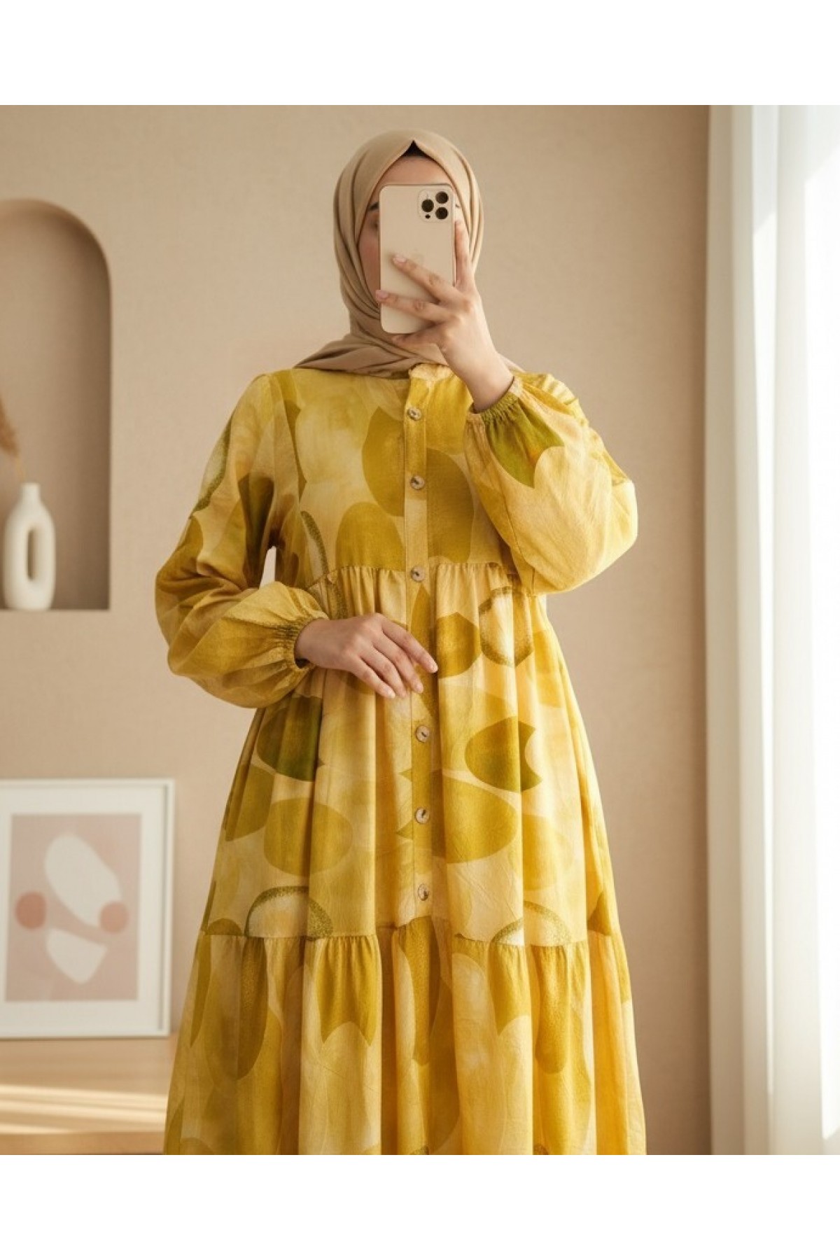 Circle Pattern Half Buttoned Elastic Sleeve Dress -Yellow