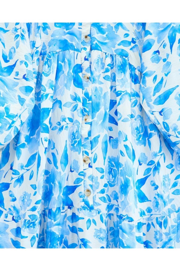 Small Leaf Pattern Half Buttoned Elastic Sleeve Dress -Blue