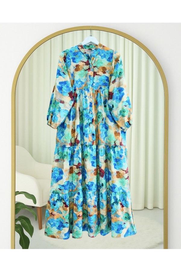Mixed Pattern Half Buttoned Elastic Sleeve Dress -Blue