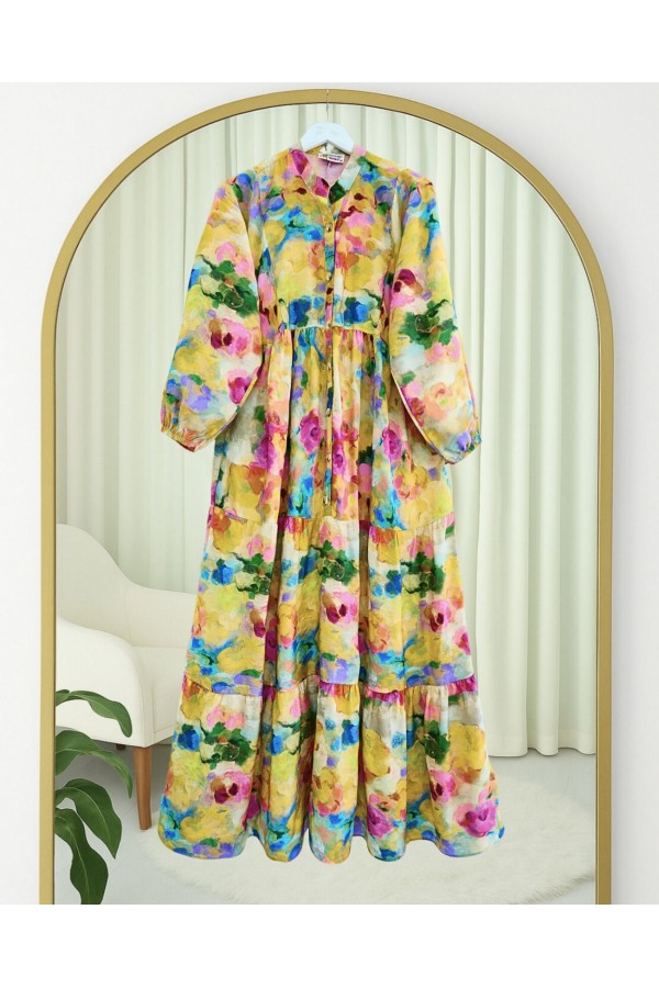 Mixed Pattern Half Buttoned Elastic Sleeve Dress -Yellow