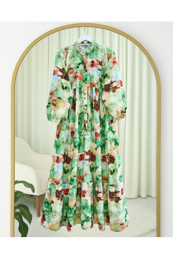 Mixed Pattern Half Buttoned Elastic Sleeve Dress -Green
