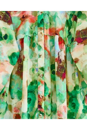 فستان بأكمام مرنة بنصف أزرار ونمط مختلط -أخضر