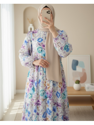 Karışık Çiçek Baskılı Yarım Düğmeli Parçalı Elbise  -Mavi