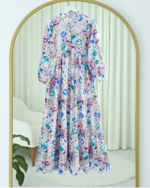 Mixed Floral Printed Half Buttoned Piece Dress  -Blue