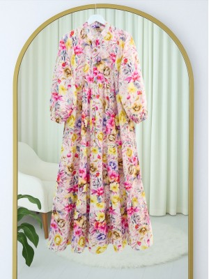 Karışık Çiçek Baskılı Yarım Düğmeli Parçalı Elbise  -Sarı